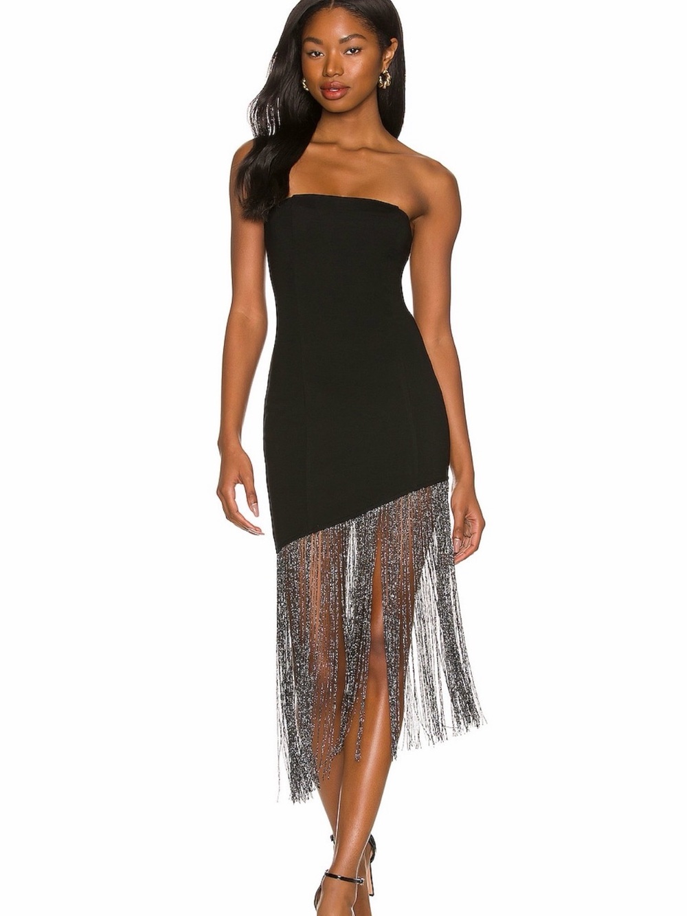superdown Black Strapless Midi Dress with Silver Fringe